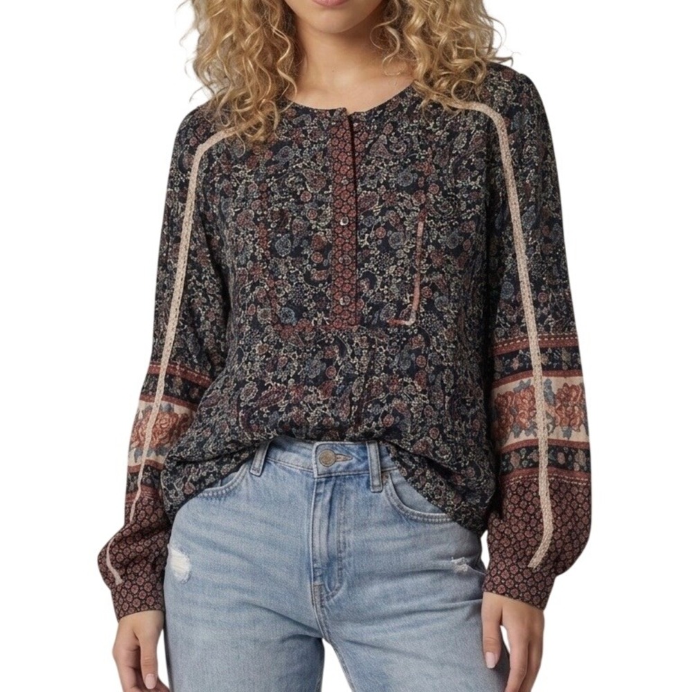 Lovestitch Paisley Floral Blouse Women S Navy NWT Boho Lace Trim Relaxed Fit